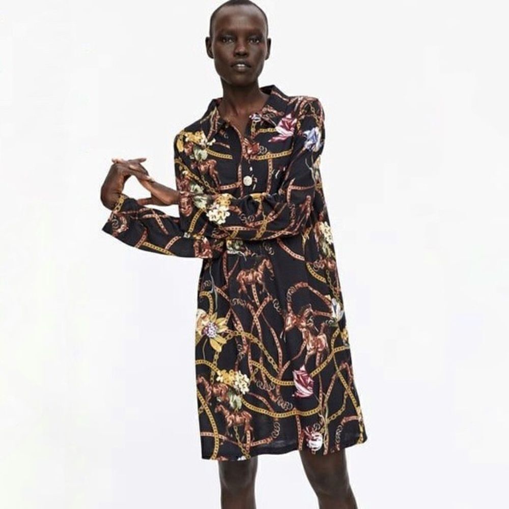 Zara Black Chain & Floral Shirt Dress